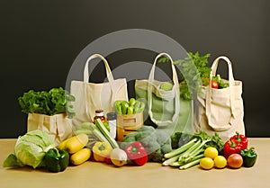 Reusable shopping bags filled with fresh produce and bulk items with minimal use of plastic and packaging on earthy