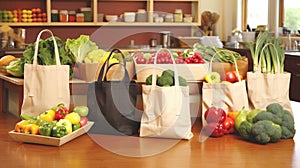 Reusable shopping bags filled with fresh produce and bulk items with minimal use of plastic and packaging on wooden