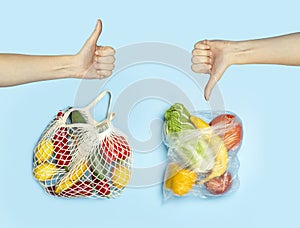 A reusable shopping string bag with vegetables and fruit from the supermarket. Single-use plastic bag ban concept. Zero