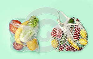 A reusable shopping string bag with vegetables and fruit from the supermarket. Single-use plastic bag ban concept. Zero