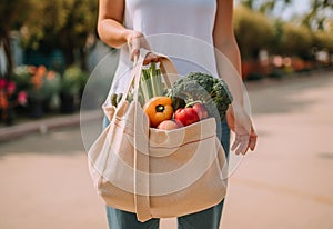 Reusable shopping tote bag full of various groceries in hand