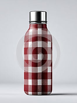 Reusable water bottle with a red and white checkered pattern