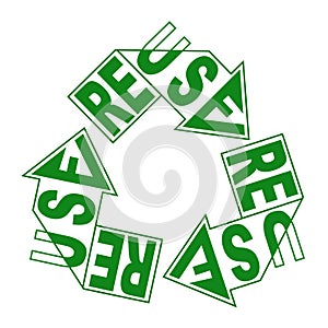 Reuse creative lettering on green recycle arrow sign. ecology label, save the Eart concept. Vector