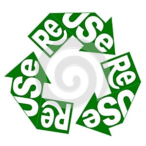 Reuse creative lettering on green recycle arrow sign. ecology label, save the Eart concept. Vector