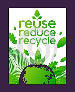 Reuse, reduce, recycle banner for eco friendly business, green earth, leaf on white, vector illustration. Concept design