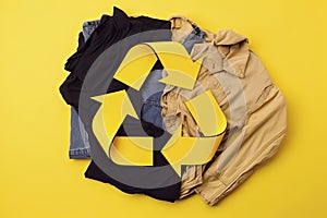 Reuse, reduce, recycle concept background. Recycle symbol made from old clothing on yellow background