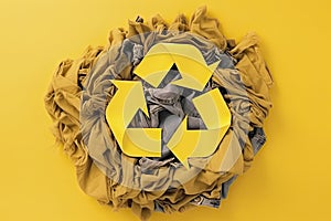 Reuse, reduce, recycle concept background. Recycle symbol made from old clothing on yellow background