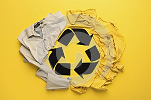 Reuse, reduce, recycle concept background. Recycle symbol made from old clothing on yellow background