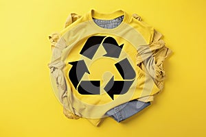 Reuse, reduce, recycle concept background. Recycle symbol made from old clothing on yellow background