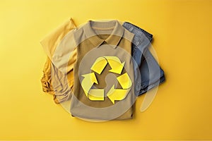 Reuse, reduce, recycle concept background. Recycle symbol made from old clothing on yellow background