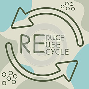 Reuse Reduce Recycle On Gray And Blue Trendy Background. Ecology Vector Illustration
