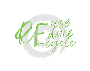 Reuse, reduce, recycle modern brush calligraphy. Ecology concept ink vector lettering. Zero waste handwritten calligraphy