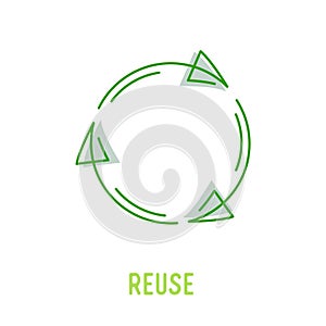 Reuse Sign with Green Rotate Arrows in Linear Style Isolated on White Background. Garbage Recycling and Reusing Icon photo