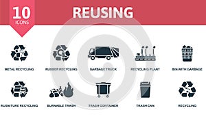 Reusing icons set. Creative icons: metal recycling, rubber recycling, garbage truck, recycling plant, bin with garbage