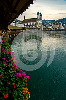 Reuss river from wooden Chapel Bridge, Luzern, Switzerland