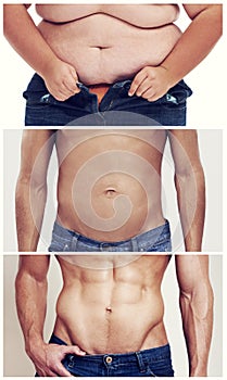 Revealing the ab in flab. Sequence shot of a mans weight loss.
