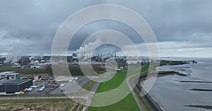 Revealing aerial drone view on the chemical park of Terneuzen, The Netherlands. Production of mainly plastics