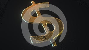 Revealing golden dollar symbol under black sand, 3d animation
