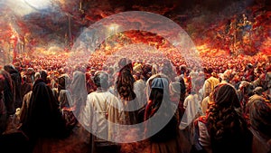 Revelation of Jesus Christ, new testament, religion of christianity, heaven and hell over the crowd of people, Jerusalem