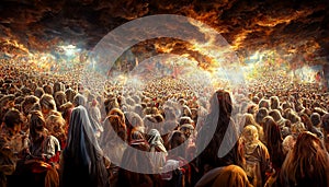 Revelation of Jesus Christ, new testament, religion of christianity, heaven and hell over the crowd of people, Jerusalem