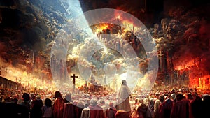 Revelation of Jesus Christ, new testament, religion of christianity, heaven and hell over the crowd of people, Jerusalem
