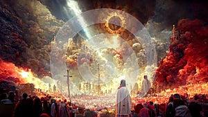 Revelation of Jesus Christ, new testament, religion of christianity, heaven and hell over the crowd of people, Jerusalem
