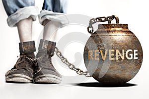 Revenge can be a big weight and a burden with negative influence - Revenge role and impact symbolized by a heavy prisoner`s weigh