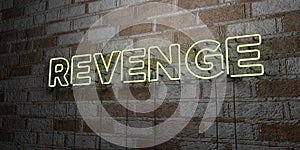 REVENGE - Glowing Neon Sign on stonework wall - 3D rendered royalty free stock illustration