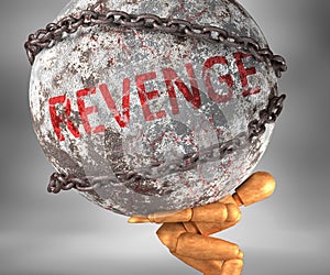 Revenge and hardship in life - pictured by word Revenge as a heavy weight on shoulders to symbolize Revenge as a burden, 3d