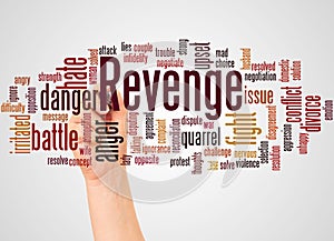 Revenge word cloud and hand with marker concept