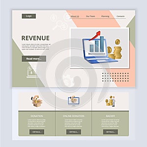 Revenue flat landing page website template. Donation, online donation, backer. Web banner with header, content and