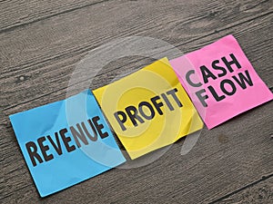 Revenue profit and cash flow, text words typography written on paper, life and business motivational inspirational terms