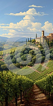 Reverent Tranquility: Italian Vineyard Landscape Painting In The Style Of Dalhart Windberg