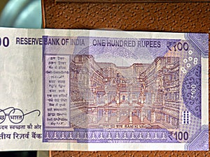 Reverse of the 100 Rupee Bank Note, used in India, .showing heritage site Rani Ki Vav Gujarat