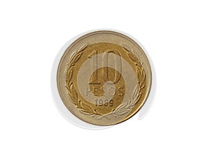 Reverse of Chile coin 10 pesos 1989, isolated in white background. Close up view.