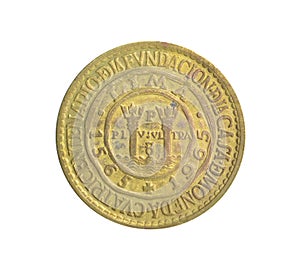 Reverse of Commemorative Half Sol de Oro Coin made by Peru in 1965 photo