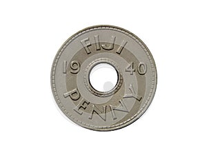 Reverse of Fiji coin 1 penny 1940. Isolated in white background.