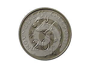 Reverse of French New Caledonia coin 20 francs with three bulls, isolated in white background.