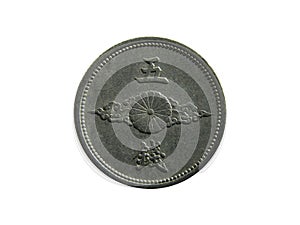 Reverse of Japan coin 5 sen minted from 1940 till 1943 with inscription meaning FIVE SENS. Isolated in white background.