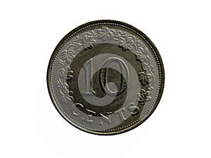 Reverse of Malta coin 10 cents 1972. Isolated with white background.