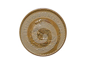 Reverse of old Mexico coin 2 centavos 1951 with coat of arms of Mexico, isolated in white background.