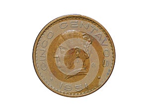 Reverse of old Mexico coin 2 centavos 1951 with image of an old woman, isolated in white background.