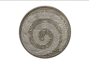 Reverse of old Serbia coin 2 dinars 1897, isolated in white background. Silver.