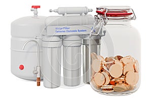 Reverse osmosis system with glass jar full of golden coins, 3D rendering