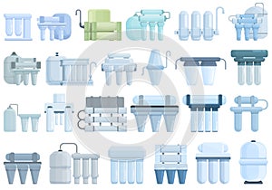 Reverse osmosis system icons set cartoon vector. Aqua filter