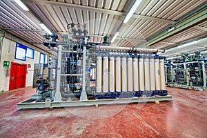 Reverse osmosis systems. Membrane locum in water treatment plant.Pipelines in a water purification plant, industrial concept