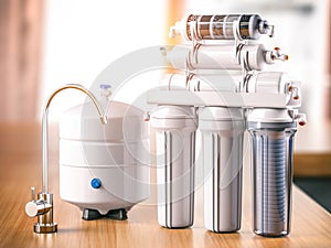 Reverse osmosis water purification system on a table. Water cleaning system