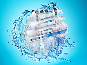 Reverse osmosis water purification system with water splashes on blue background.. Water cleaning system installation