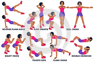 Reverse plank kicks. Reverse plank. Jump squats. Squat. Seal Jacks. Squat jacks. Triceps dips. PLank jacks. Double crunches. Sport photo