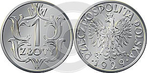 reverse Polish Money one zloty coin 1929